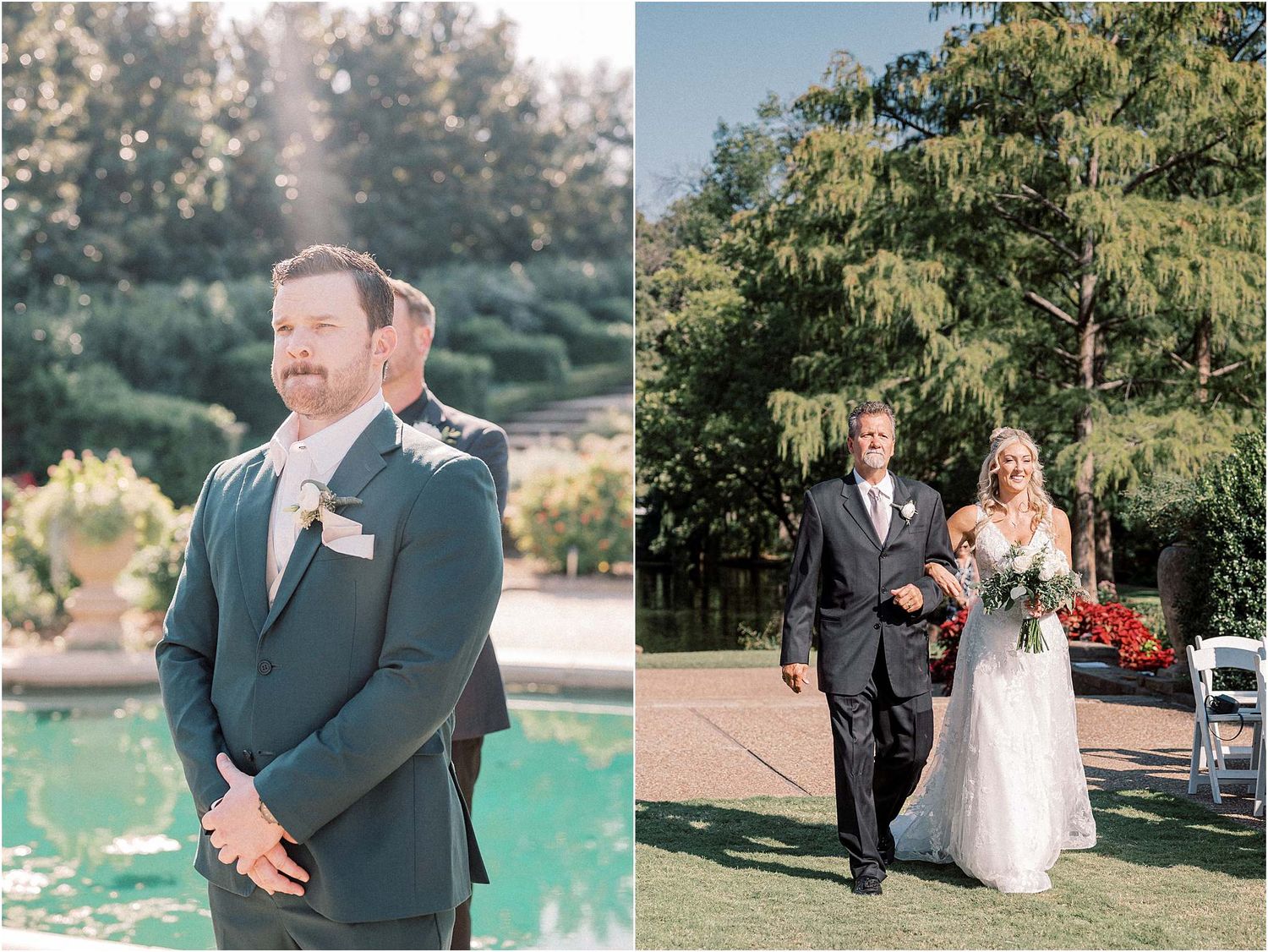 Outdoor wedding photos captured in a scenic garden venue with lush greenery and a pond.
