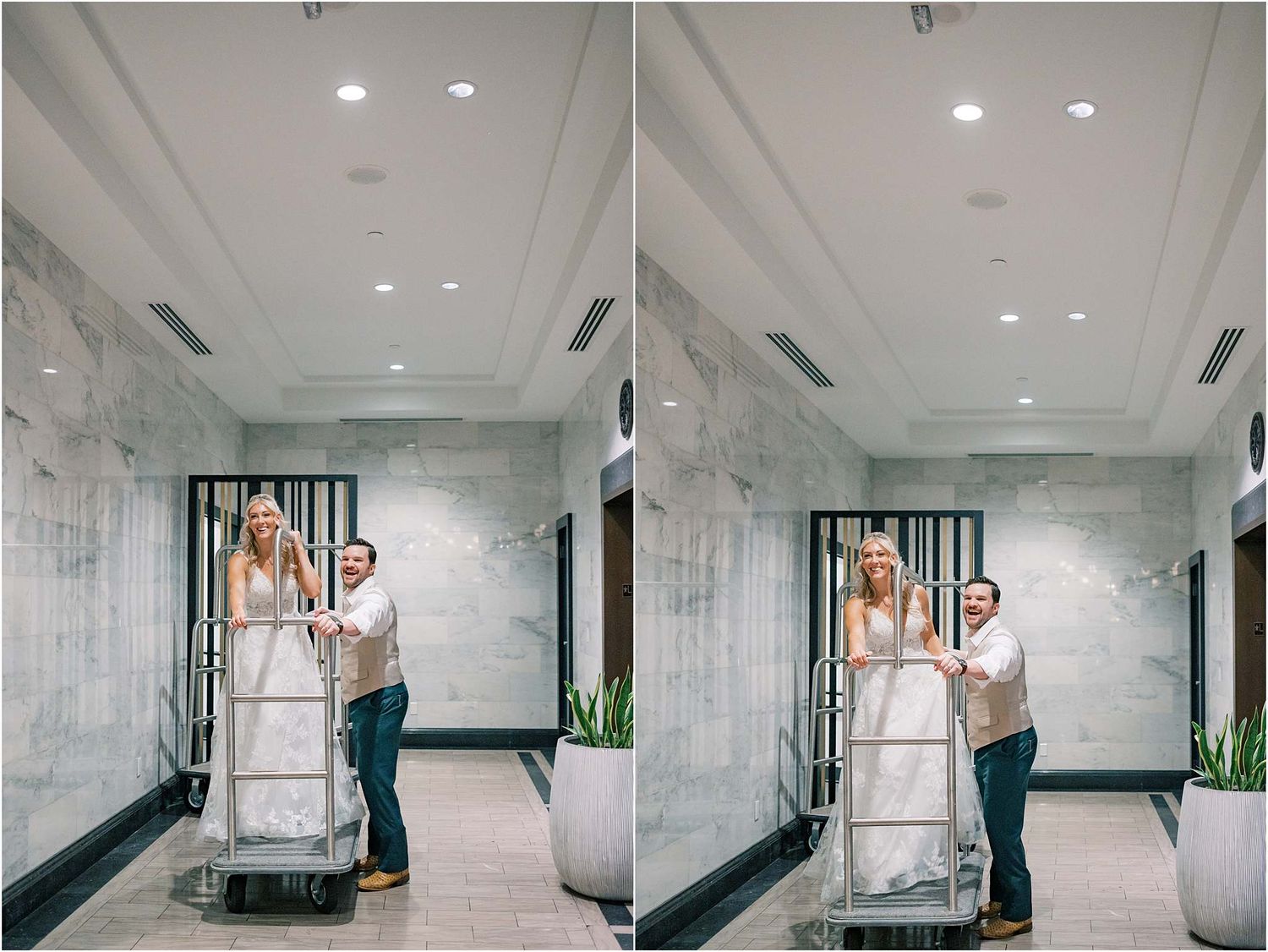 Wedding couple walking through a modern marble hallway interior.