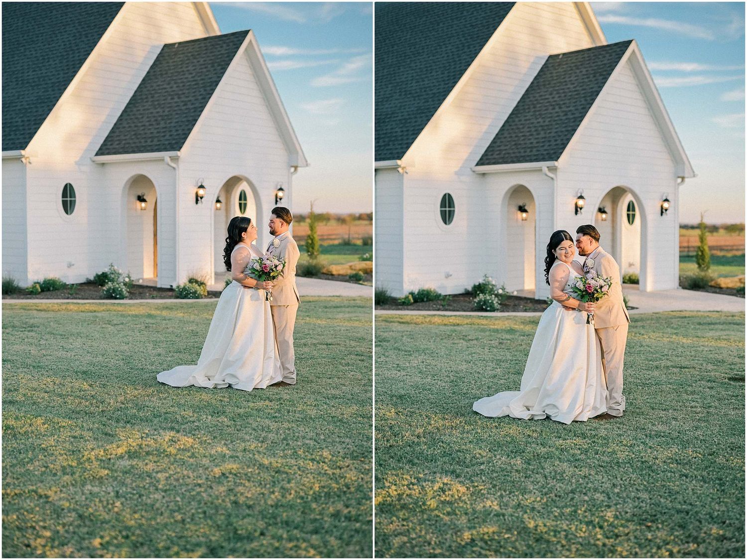 Wedding portraits captured on lawn in front of white chapel venue.
