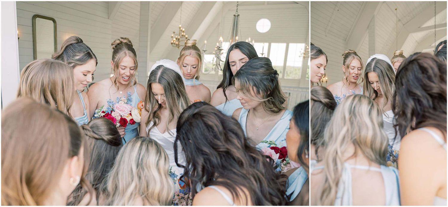 Bridesmaids in light blue dresses gather around the bride in a bright room during wedding preparations.