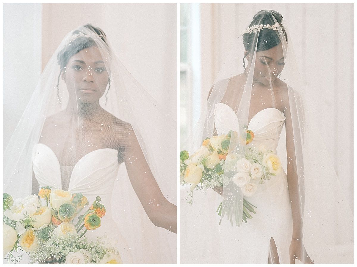 Ethereal bridal portraits through sheer veil with soft natural lighting and yellow floral bouquet details.