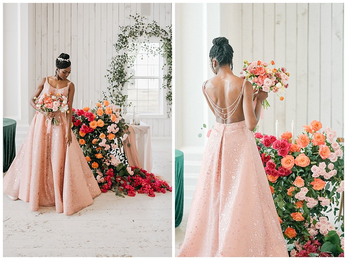 Bridesmaids in blush pink dresses pose with vibrant coral and pink floral arrangements.