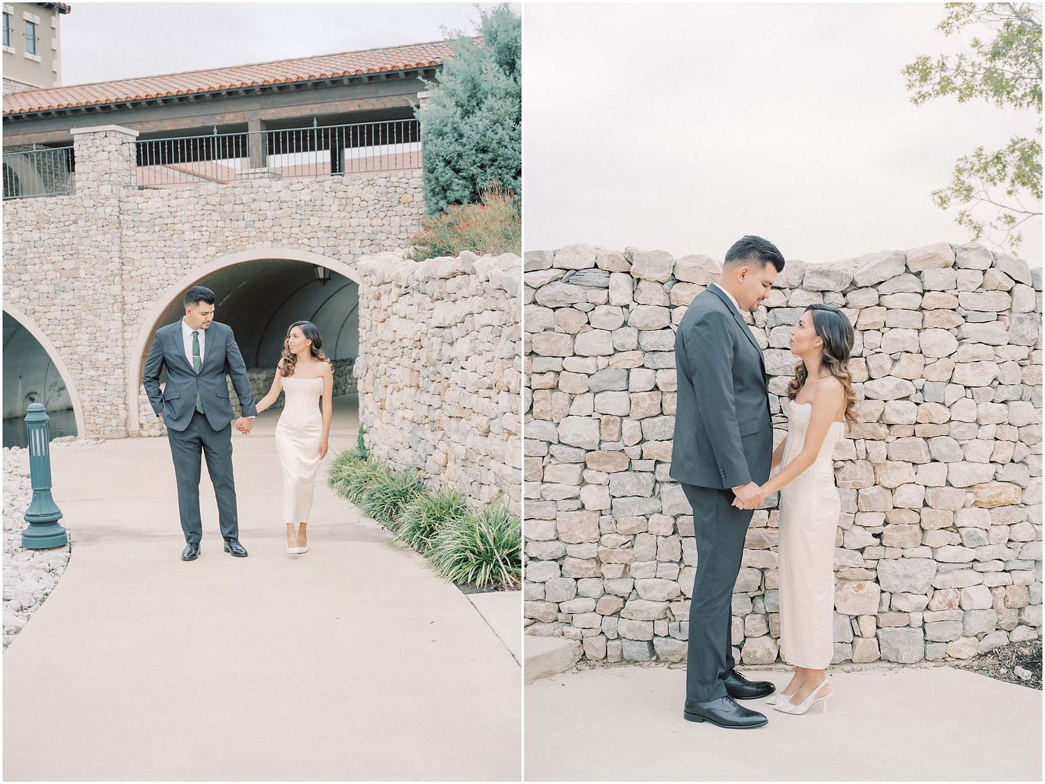 A wedding photography sequence showing a couple in formal attire walking and posing along a rustic stone wall pathway.