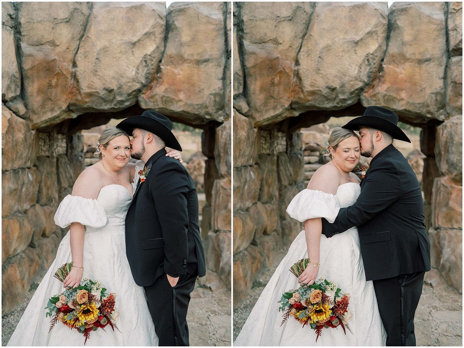 A romantic wedding sequence showing a couple embracing against a stone wall backdrop with autumn flowers.