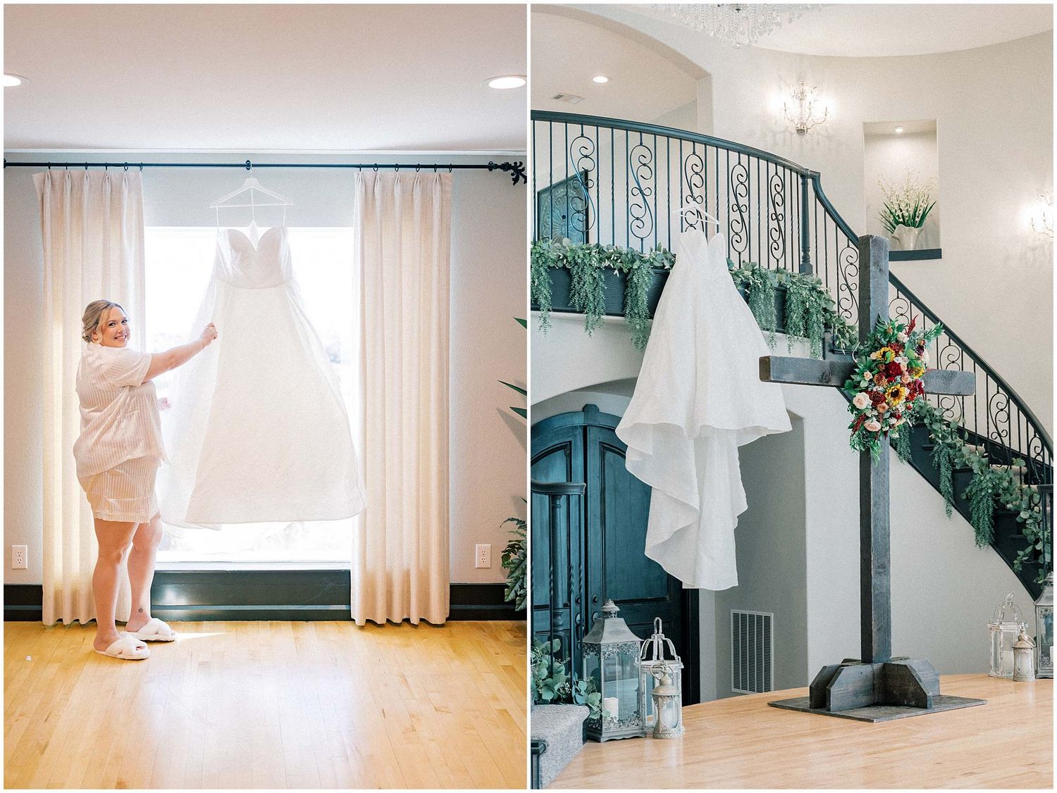 A white wedding dress hangs in front of curtains while being prepared, with a curved staircase display in an elegant venue.