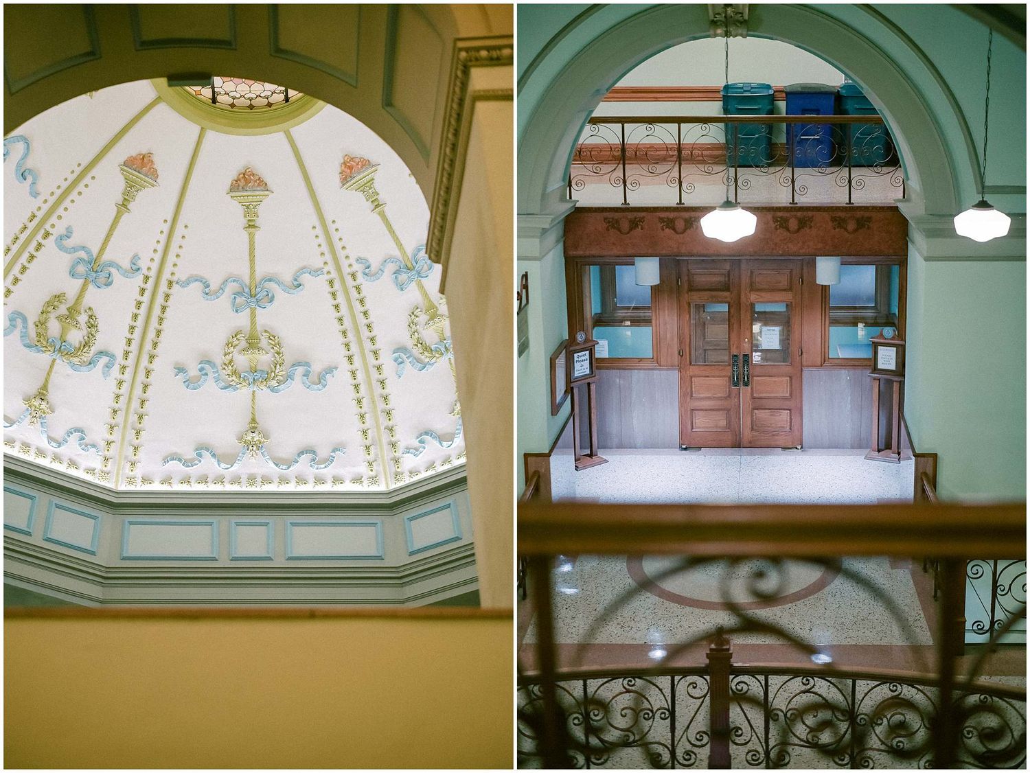 Ornate architectural details of a historic building interior showing domed ceilings and decorative moldings.