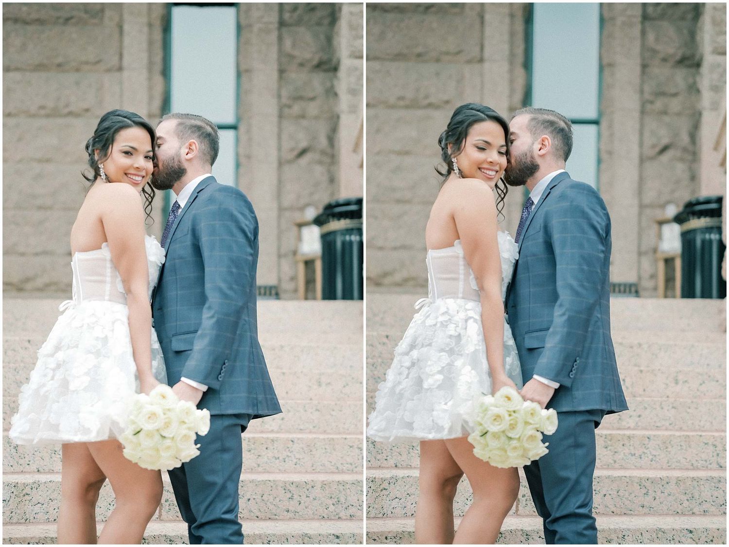 A series of romantic outdoor portraits against a stone building backdrop.