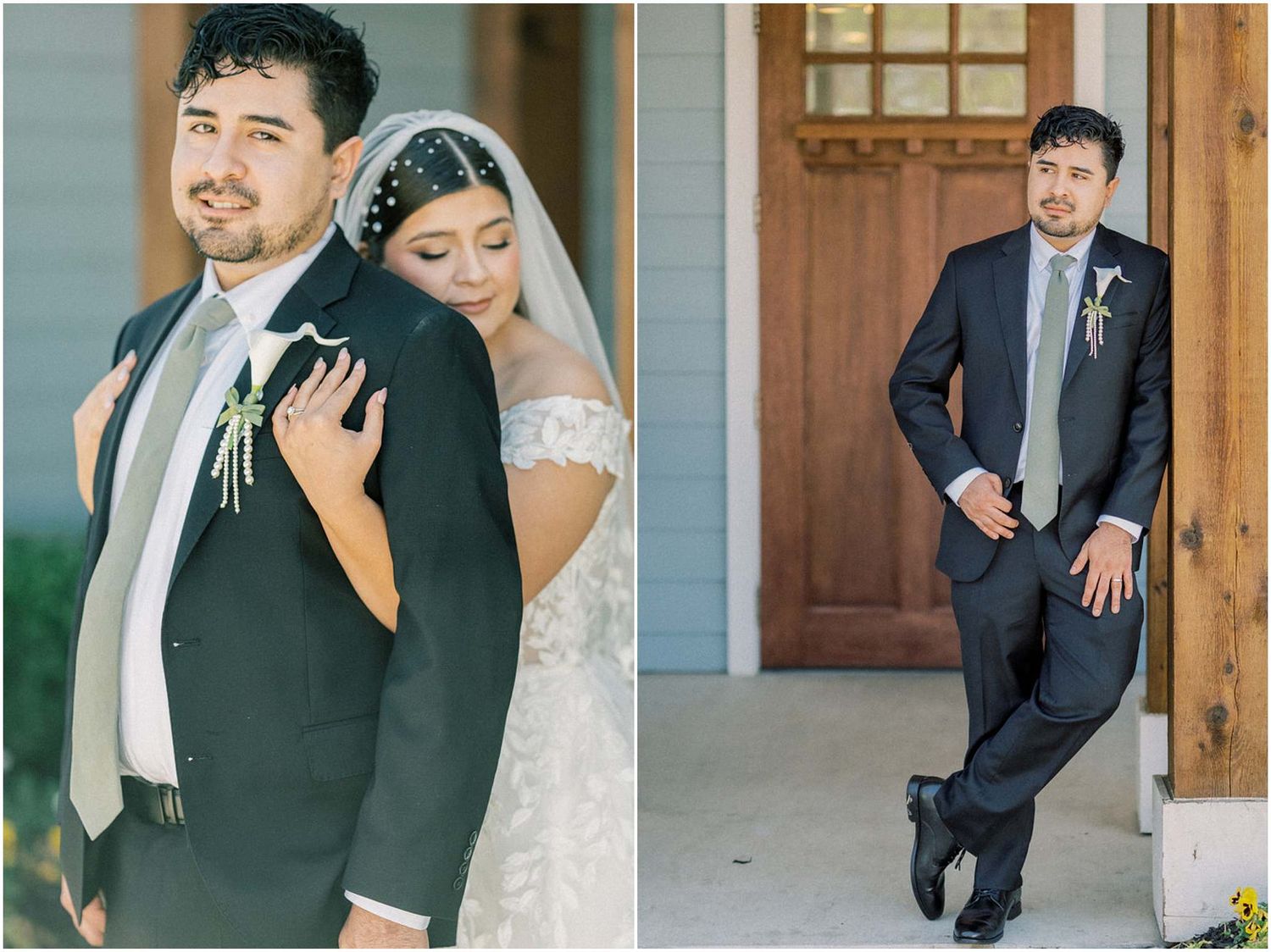 A wedding photo series showing tender moments between a couple in formal attire at a rustic venue.