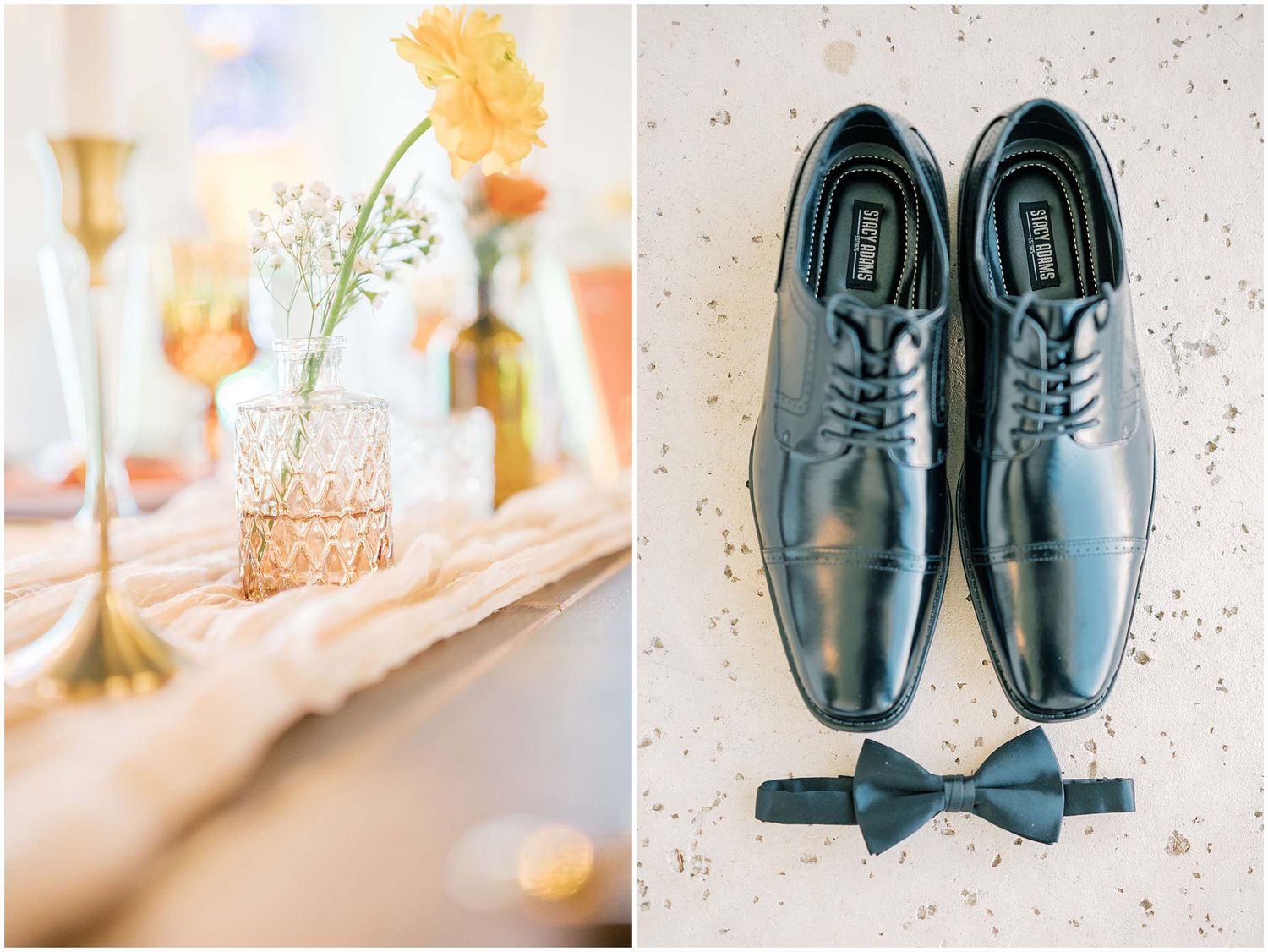 Classic black leather dress shoes and bow tie arranged for wedding day photography.