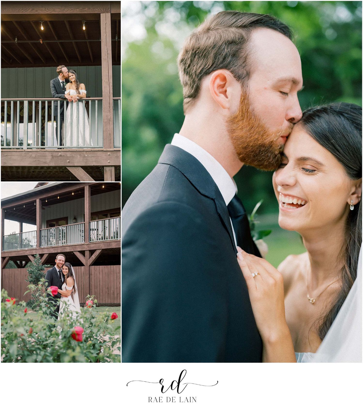 Romantic outdoor wedding portraits captured against natural greenery and wooden architecture.