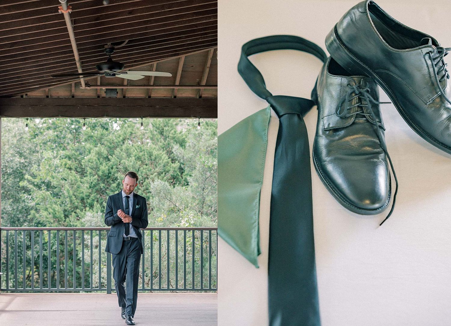 Close-up details of formal black dress shoes and suit pants.