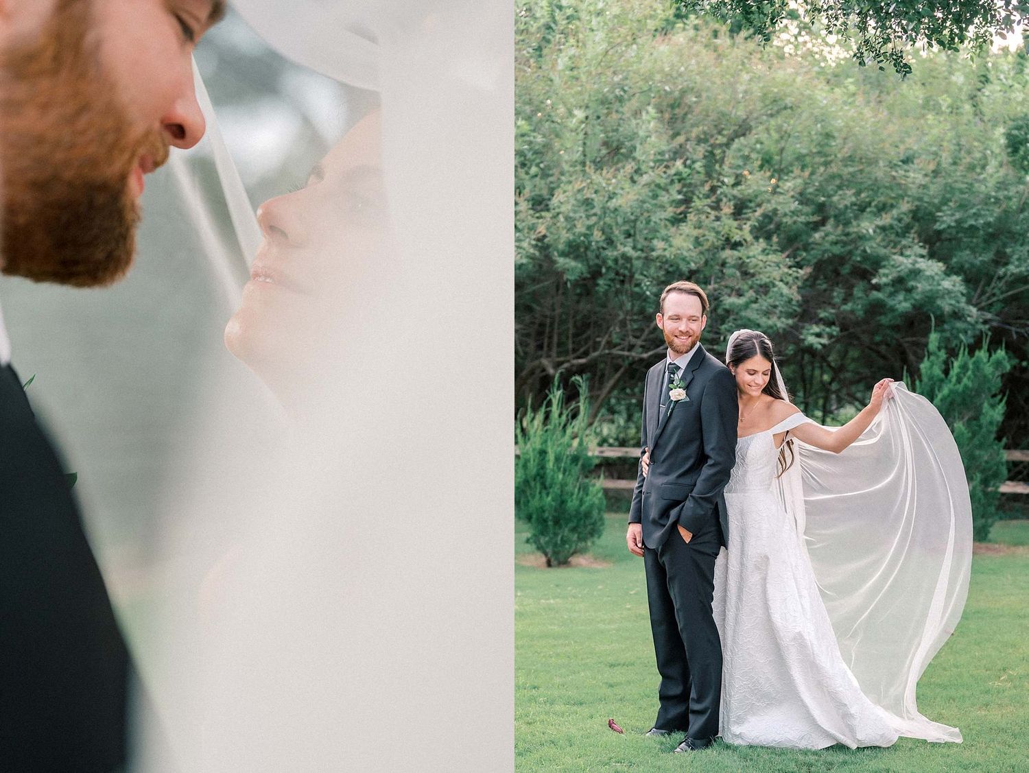 Romantic wedding photos featuring a flowing white dress against a natural outdoor backdrop.