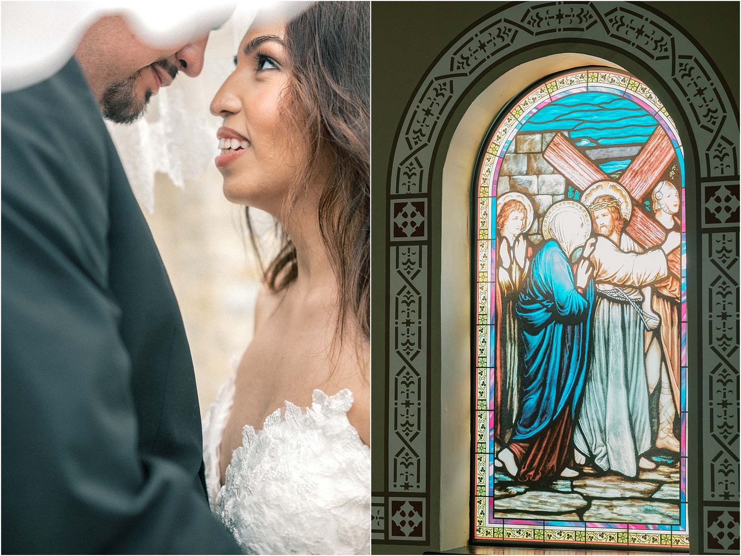 Stained glass windows featuring religious artwork frame an intimate wedding ceremony moment.