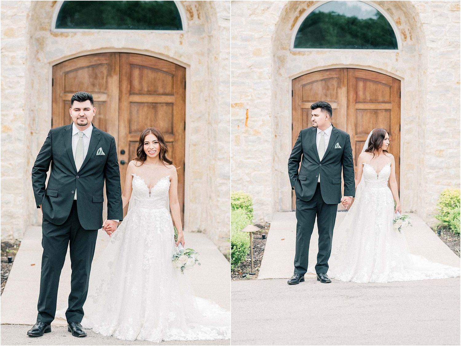 Wedding portraits taken against a stone building with wooden doors and archways.