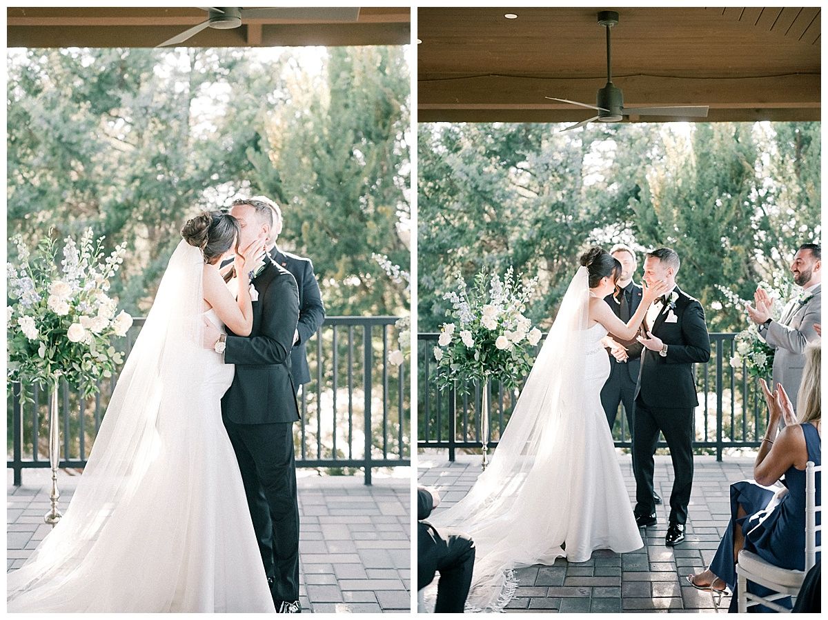 Emotional wedding ceremony moments captured on an outdoor covered patio.