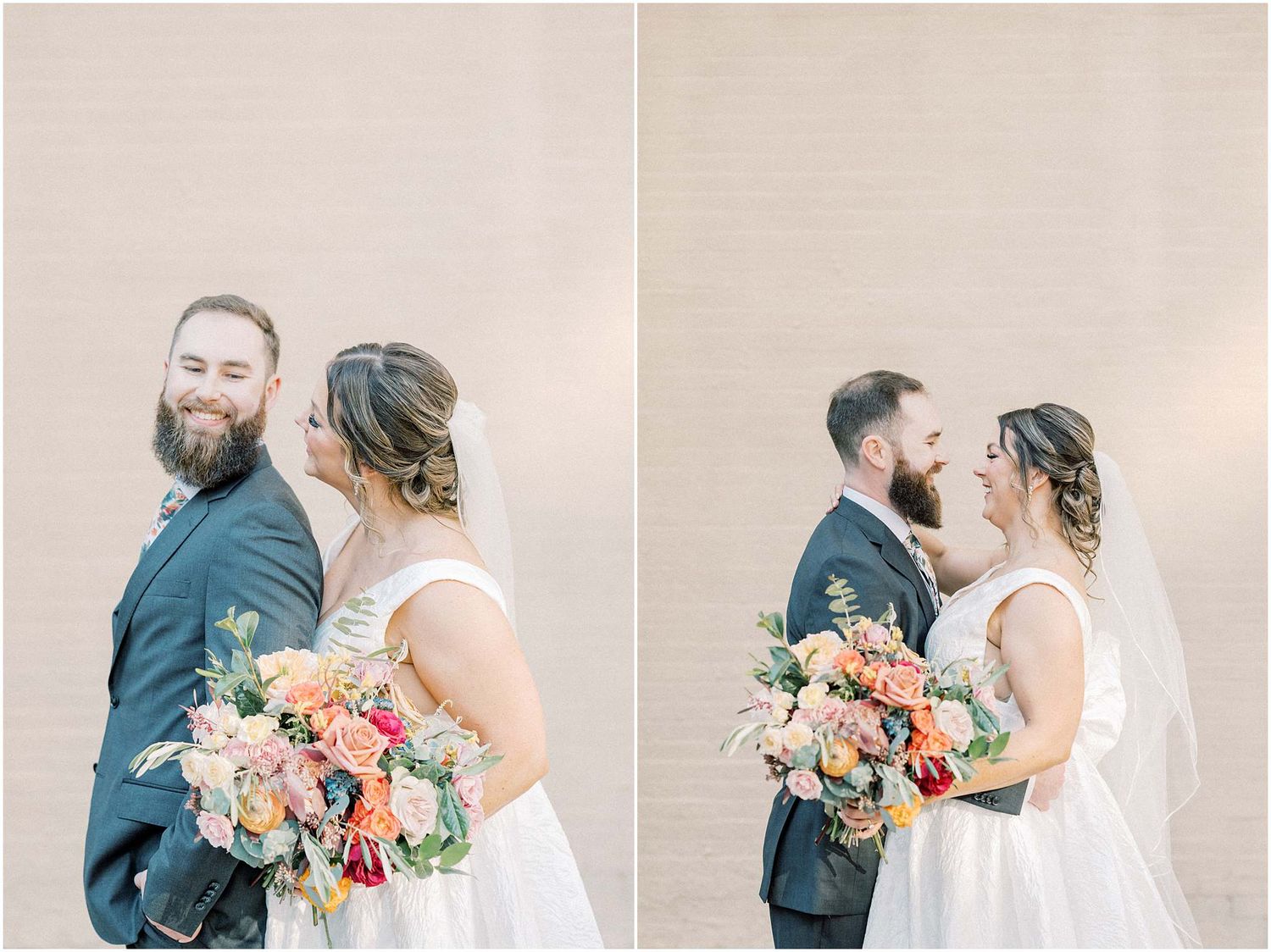 Romantic wedding couple portraits in natural light against neutral background.