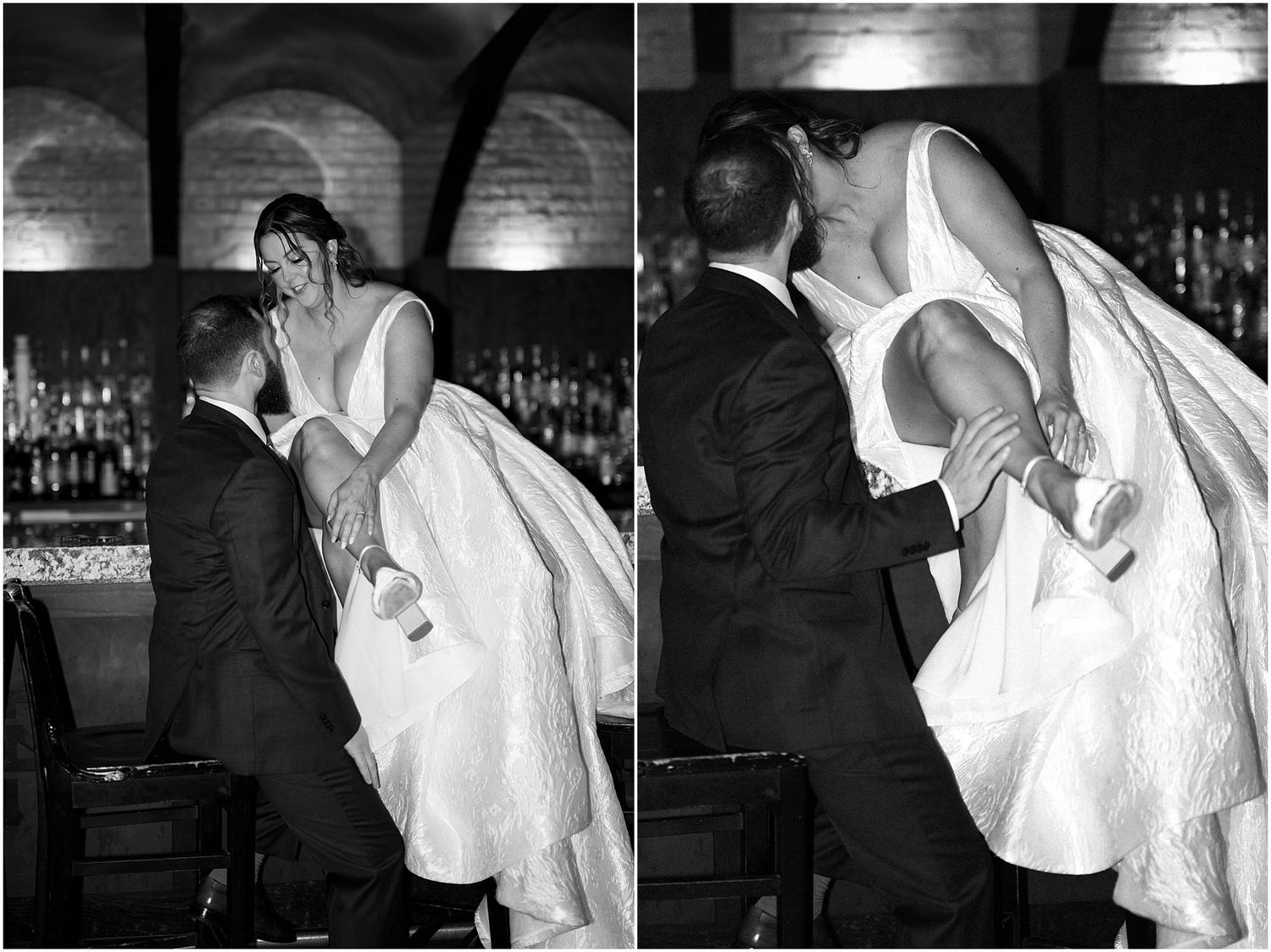 Moody wedding portraits captured in dimly lit indoor setting.