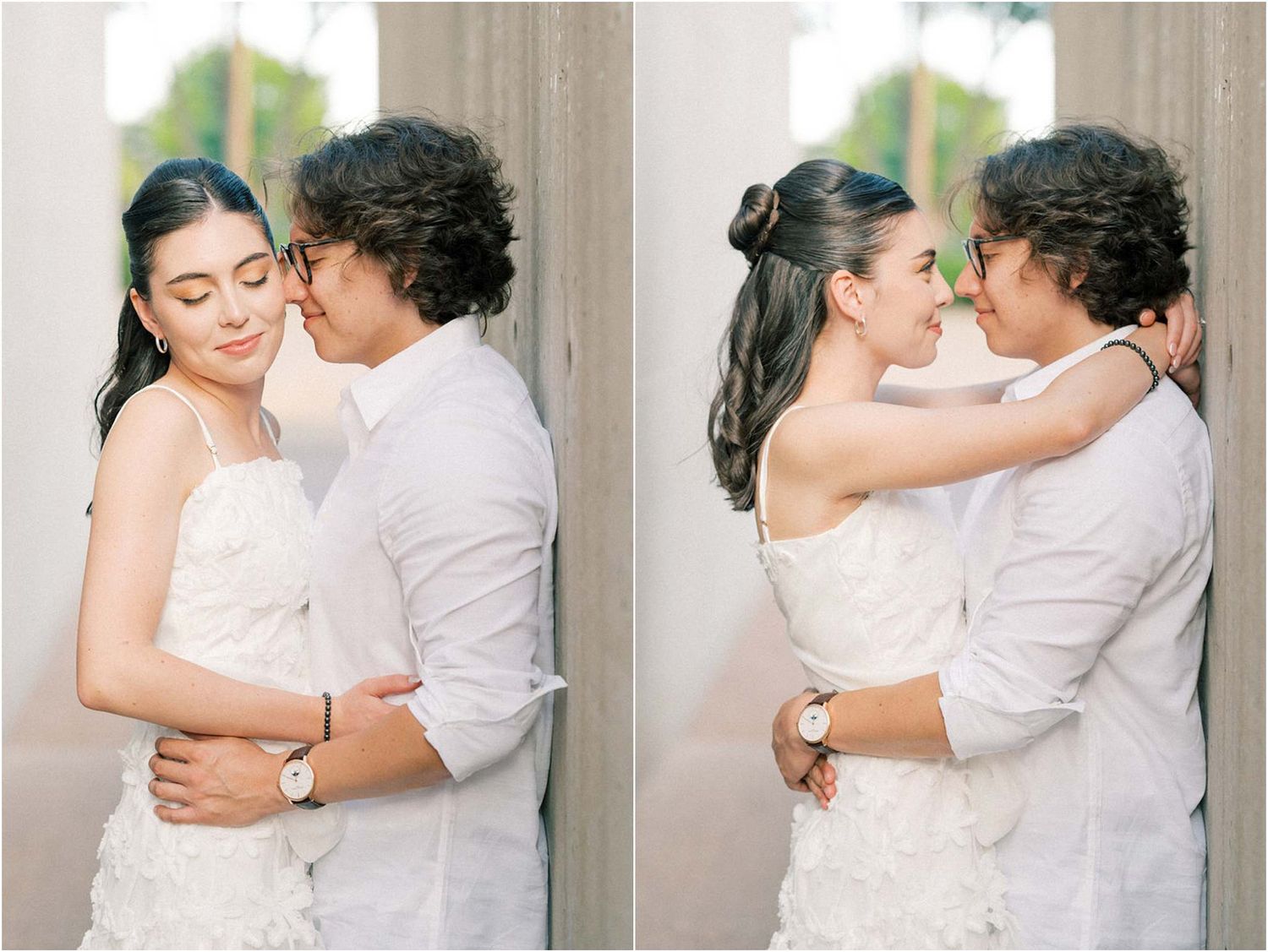 Couple in white attire share romantic poses in outdoor photo sequence.