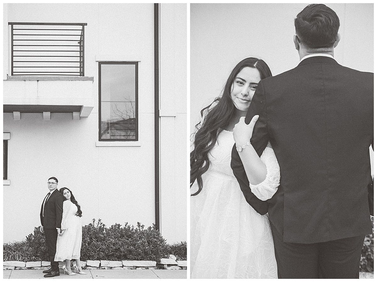 Black and white photos of a couple posing against a minimalist building exterior.