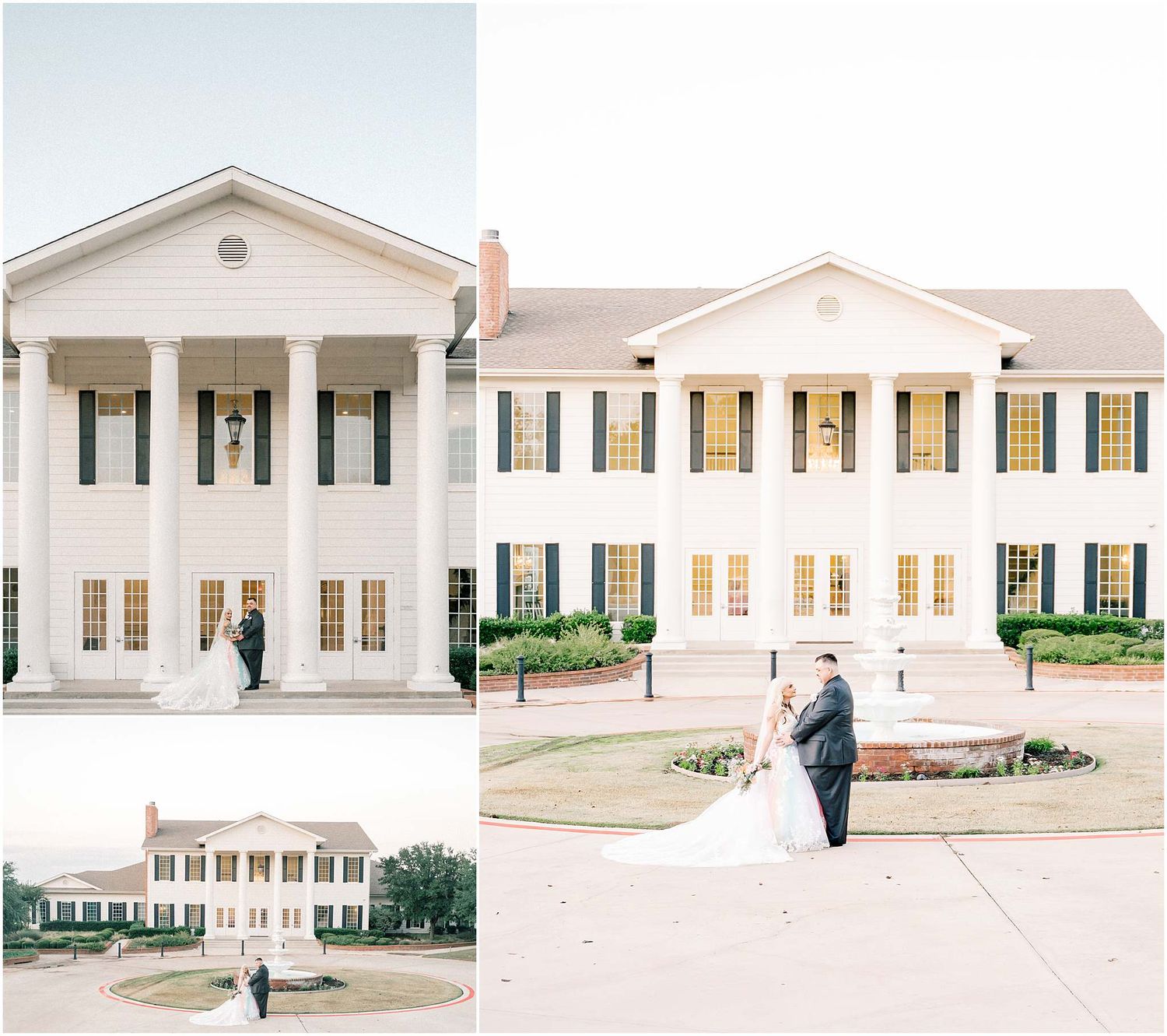 Elegant white colonial-style wedding venue with columns and manicured landscaping shown from multiple exterior angles.