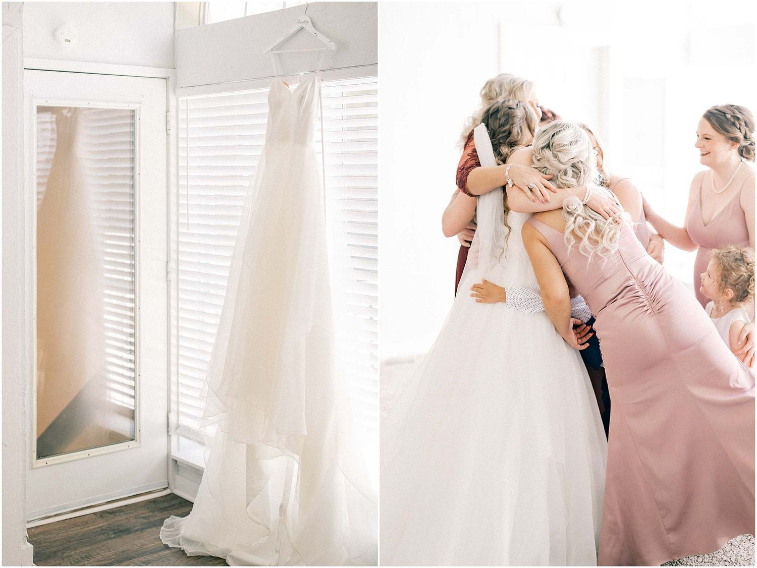 Bridal party in pink dresses helping with wedding preparations.