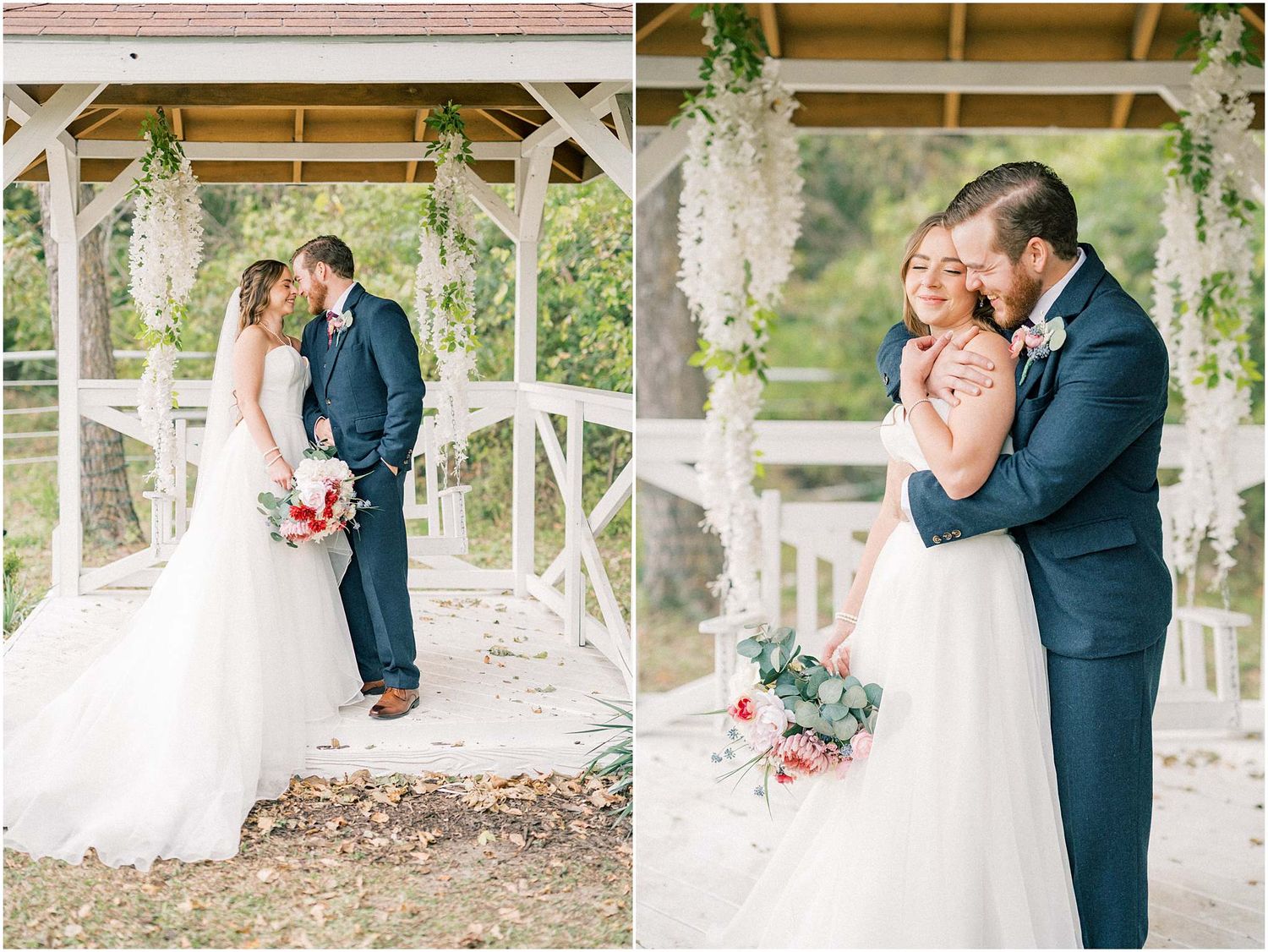Romantic wedding couple poses together under a white gazebo surrounded by lush greenery.