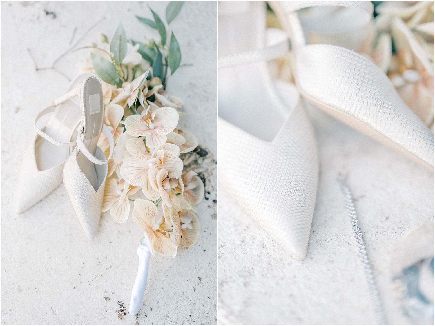 Delicate wedding accessories and floral details in soft white and blush tones.