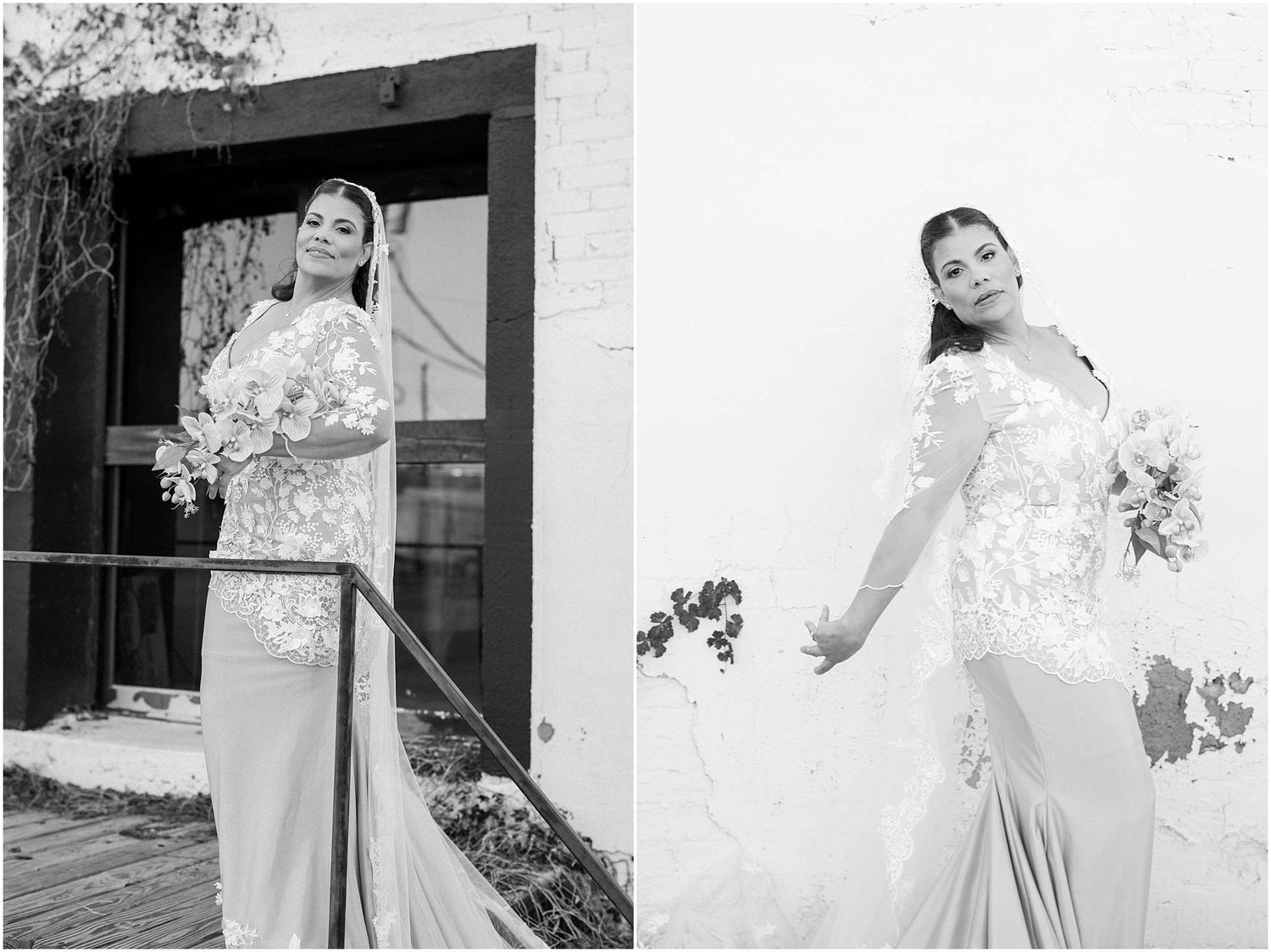 Series of artistic black and white wedding portraits against architectural backdrop.