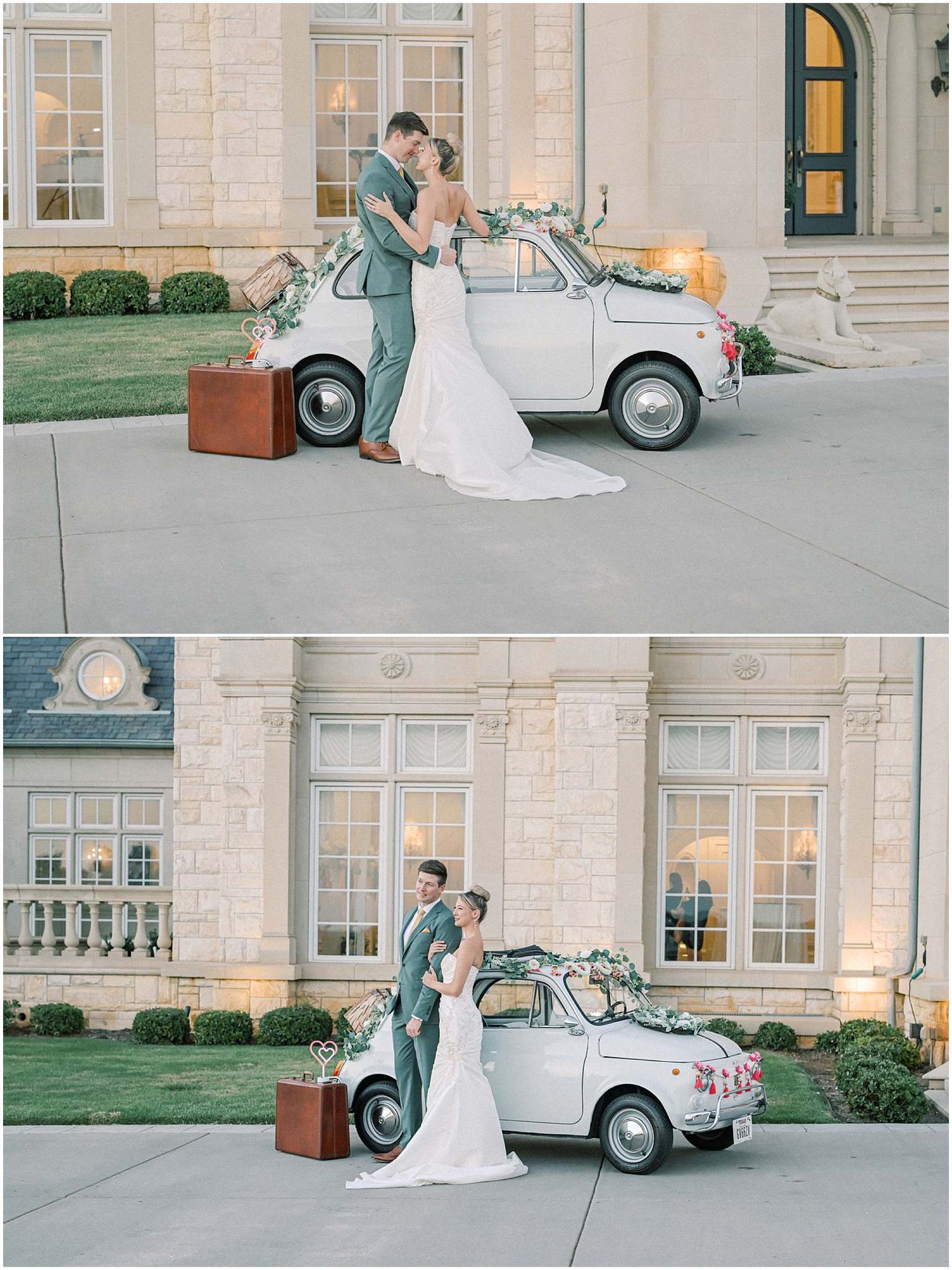Wedding photography session featuring a vintage car outside a grand stone building.