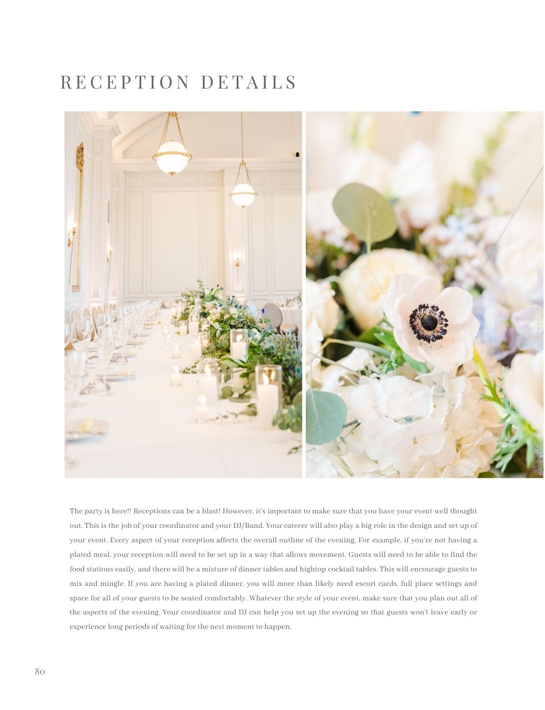 Elegant wedding reception with long floral tables, chandeliers, and soft white decor in a bright, airy venue.