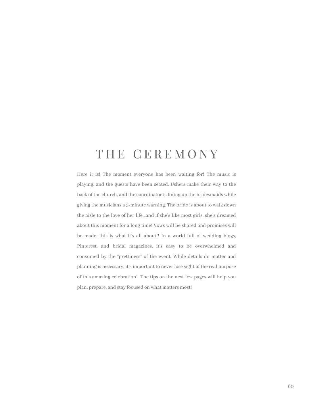 A wedding planning book chapter titled The Ceremony with elegant typography on a clean white page.