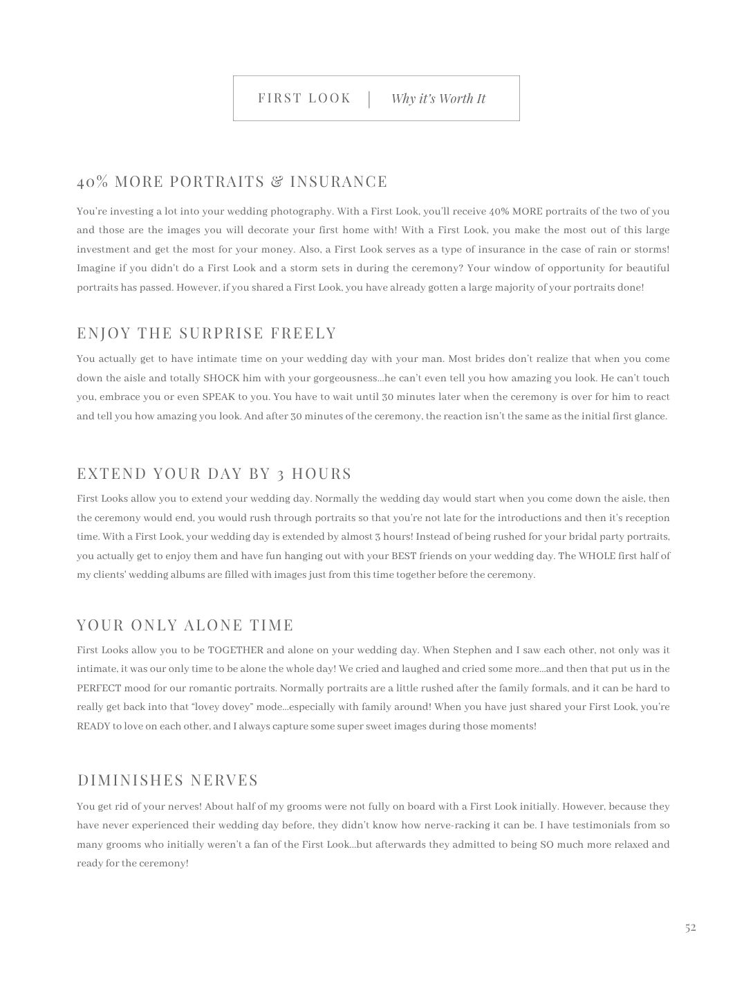 A wedding photography guide page explaining the benefits of a first look session with text sections on portraits and insurance.