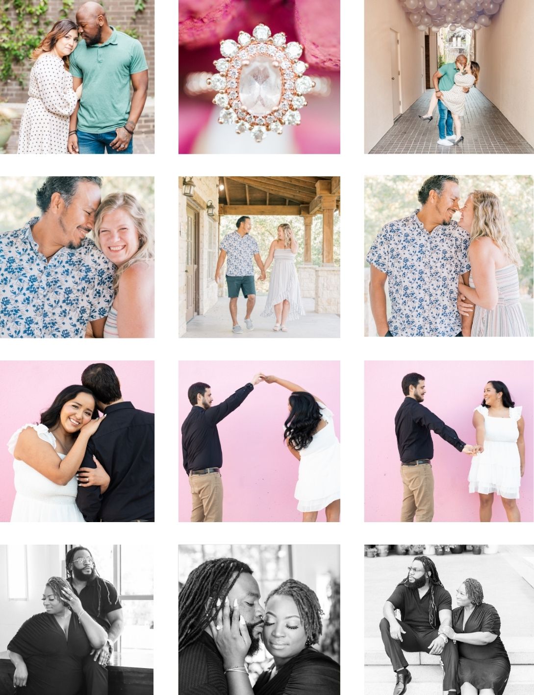 A collage of romantic engagement photos featuring diverse couples in colorful and black-and-white settings.