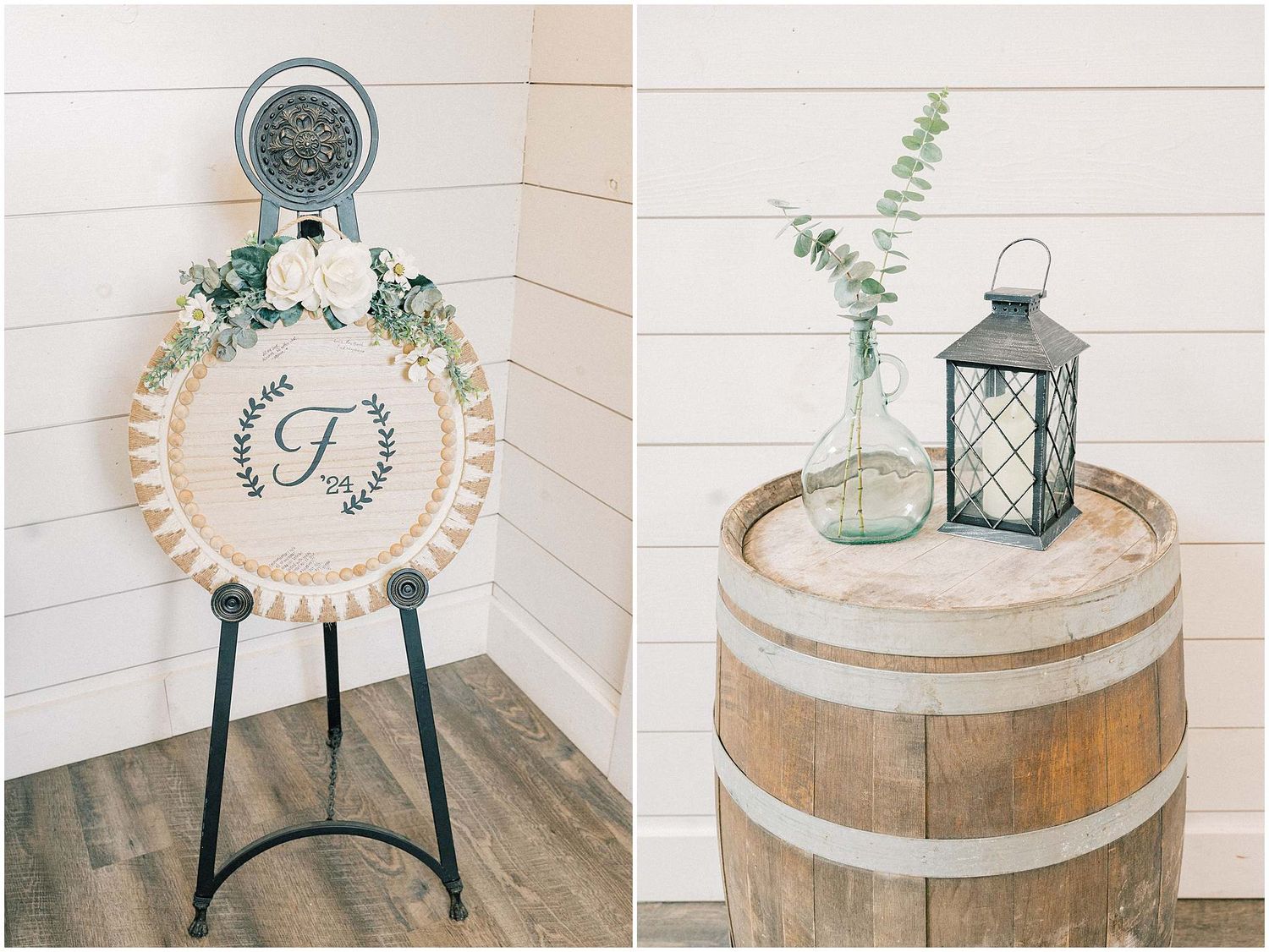 Rustic wooden barrel tables decorated with lanterns and floral arrangements in a farmhouse setting.