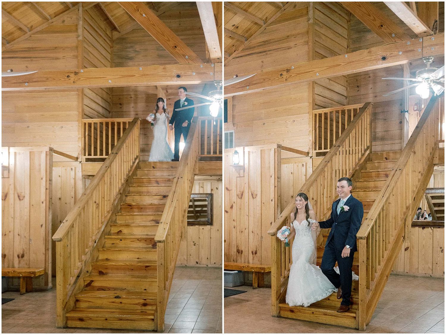 A rustic wooden staircase leads upwards in a barn-style venue with natural wood paneling and warm lighting.