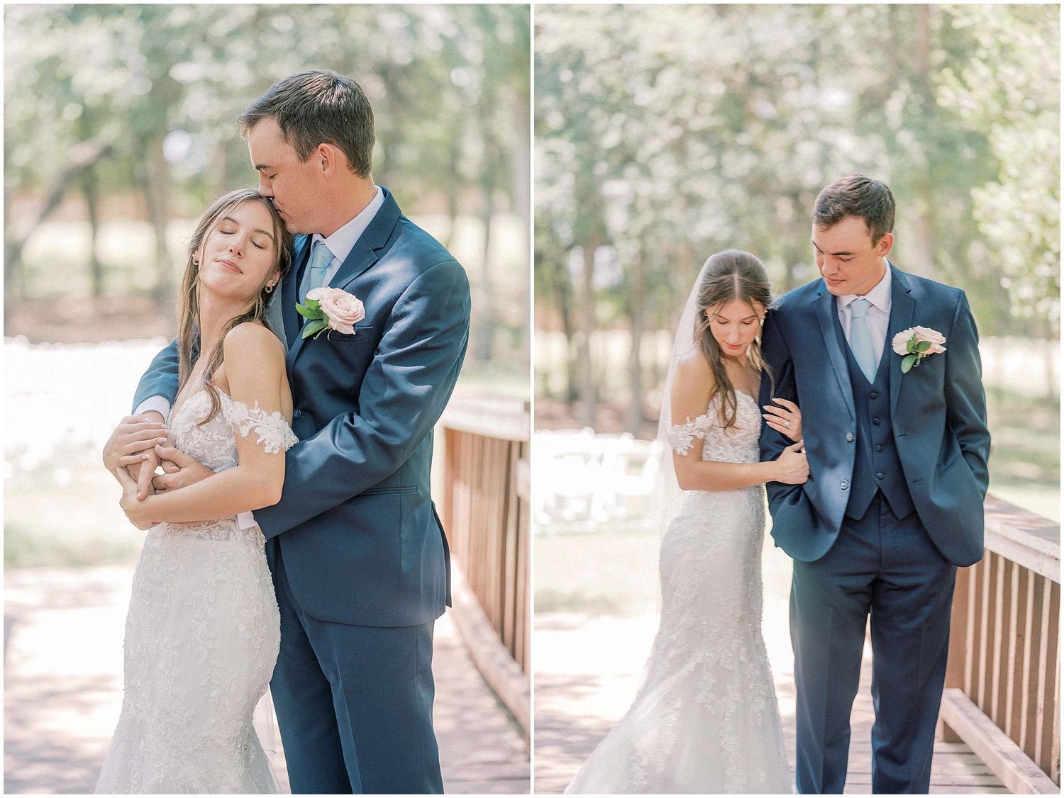 Romantic wedding couple shares intimate moments while posing together outdoors in a natural setting.