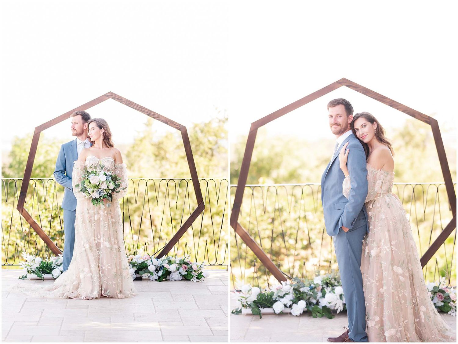 Romantic wedding portraits captured under a stone archway with floral decorations.