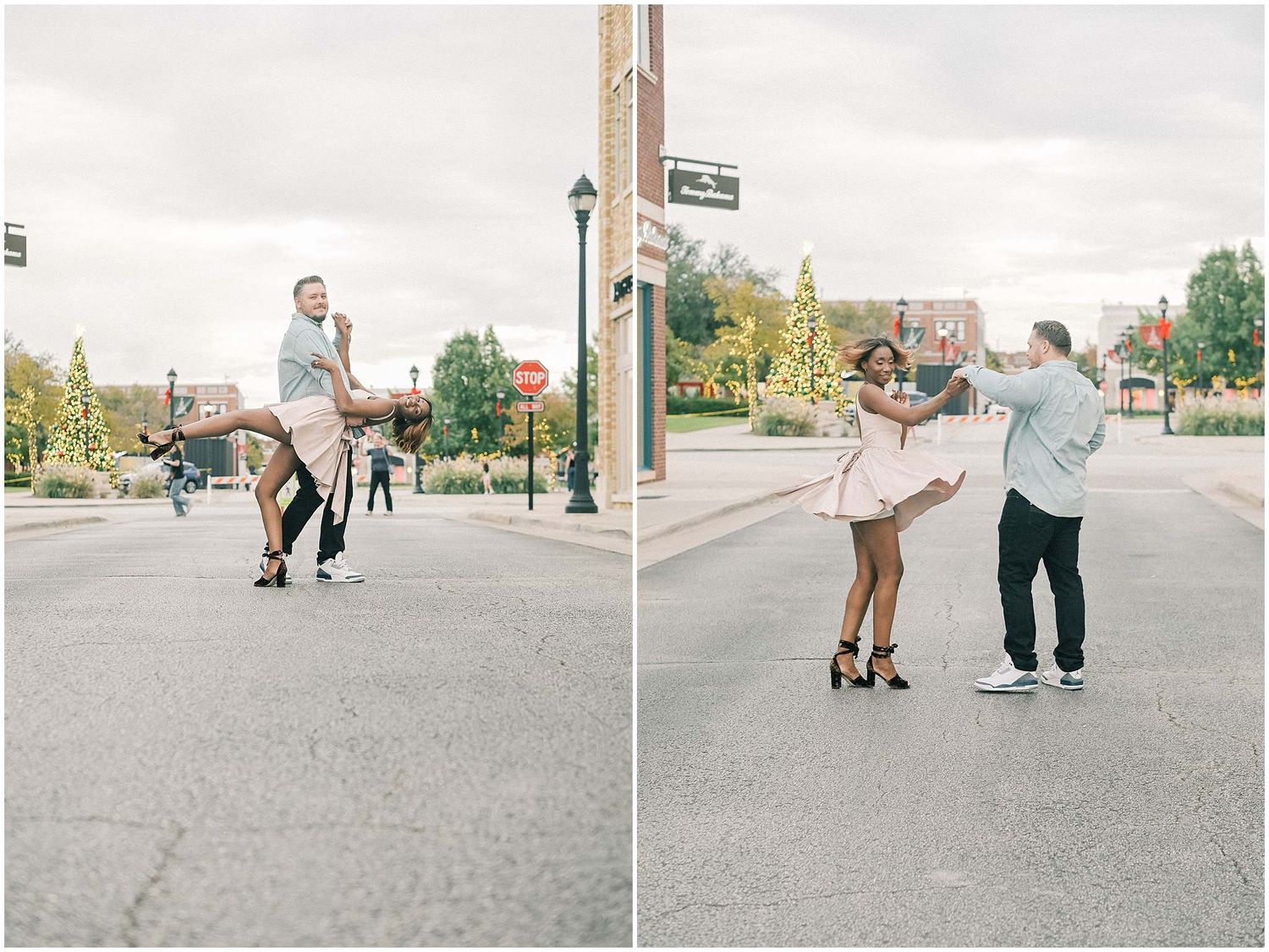 A couple dances together in a romantic outdoor engagement photo session on a paved street at sunset.