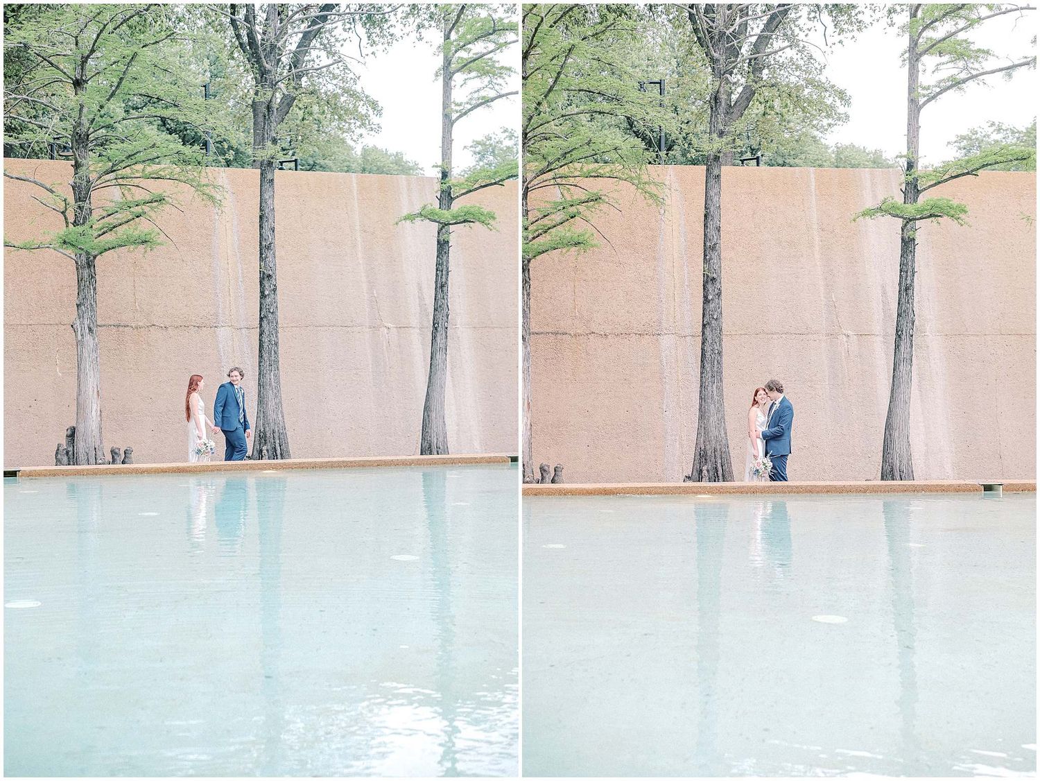 Serene outdoor wedding portraits with reflective water features and tall trees creating an ethereal atmosphere.