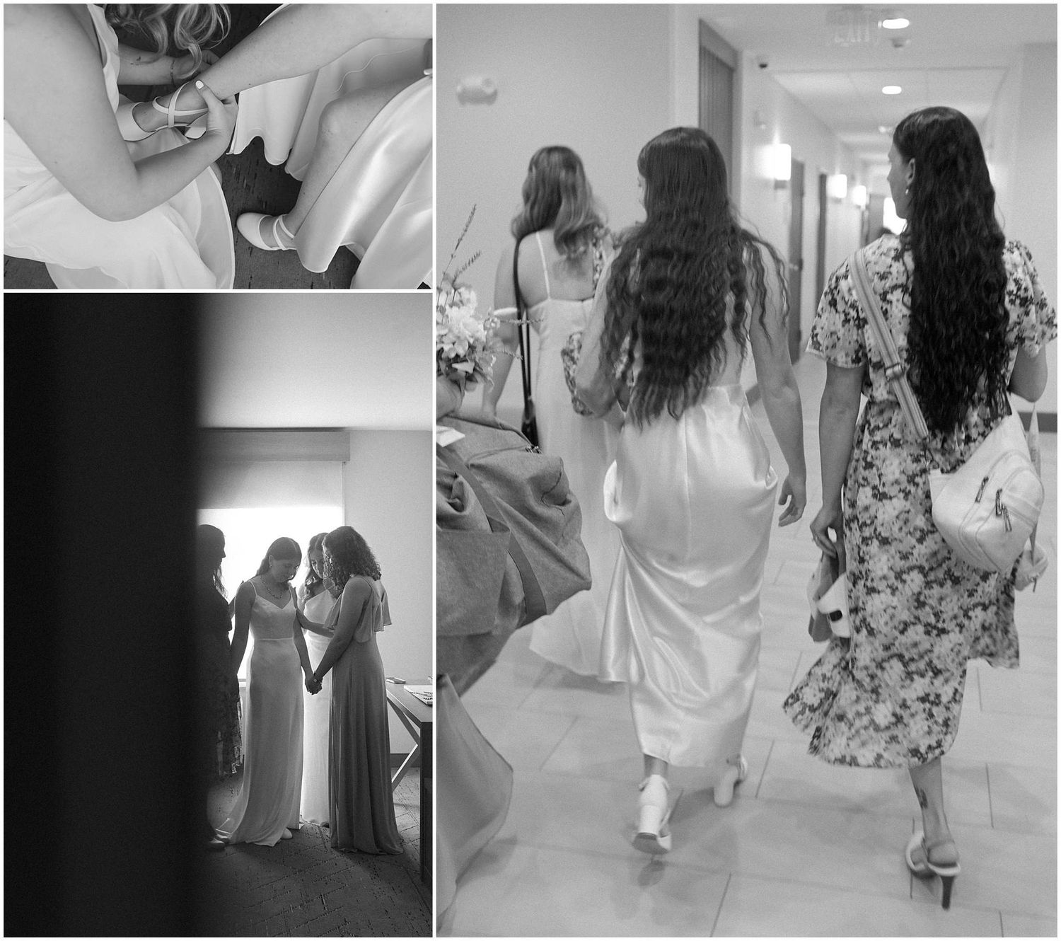 Black and white candid shots of wedding party walking through venue hallways.