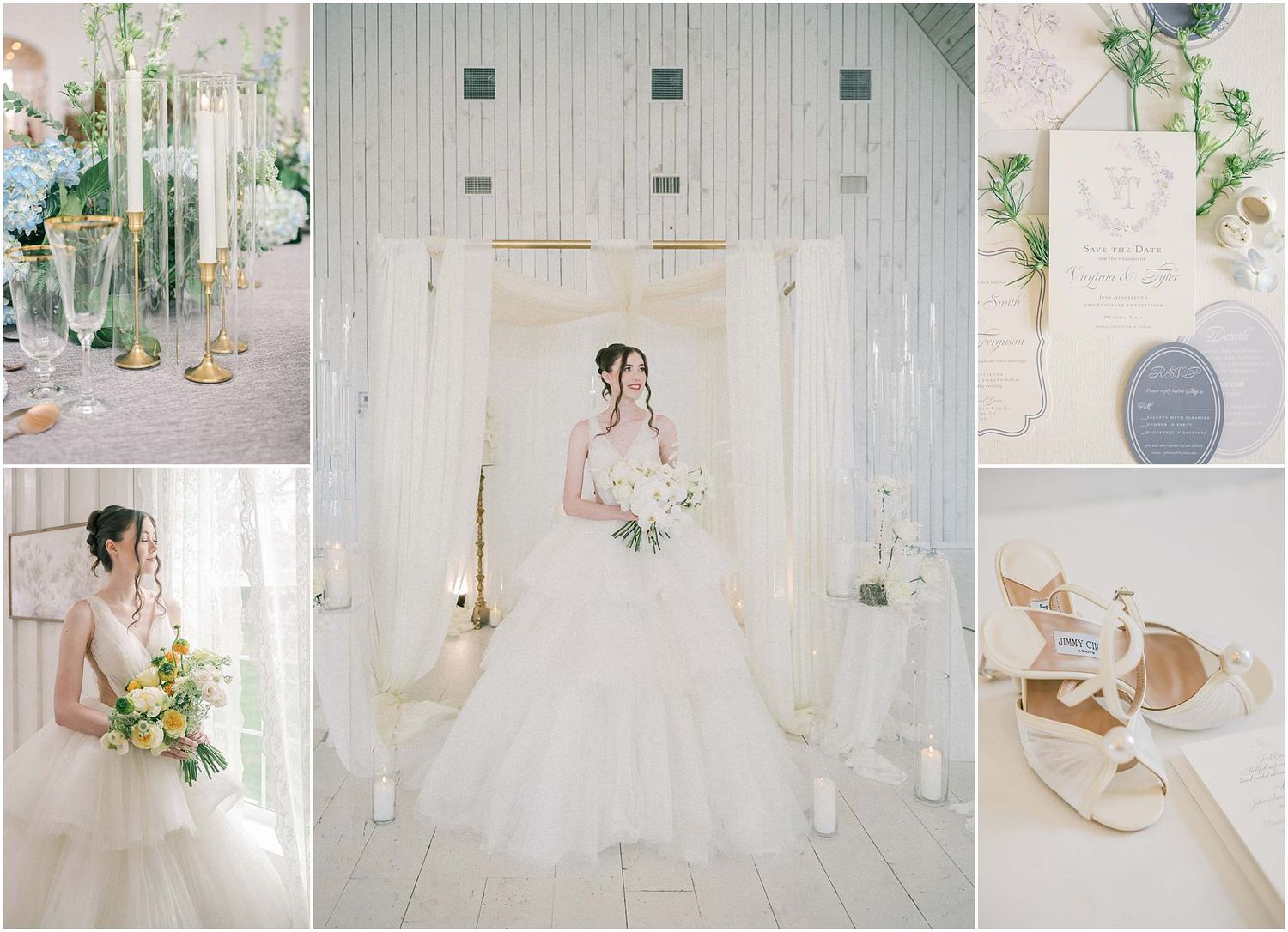 Elegant wedding photo collage with white decor, floral arrangements and place settings in soft pastel tones.