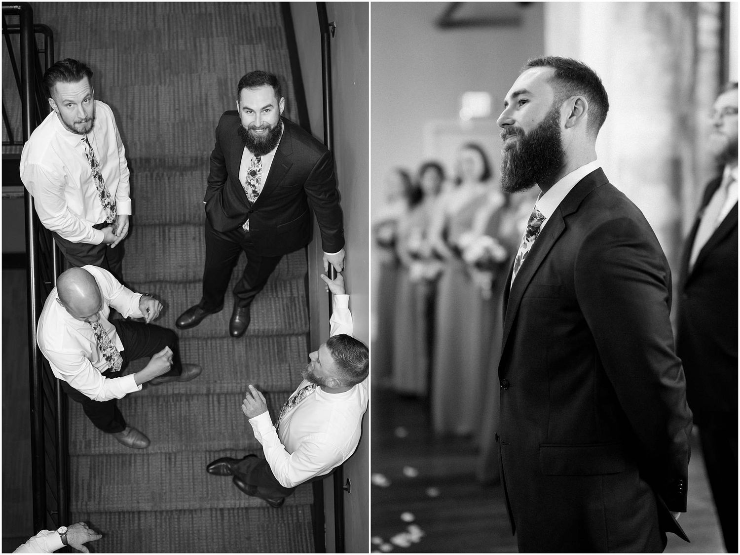 Black and white candid shots of groomsmen getting ready before the ceremony.