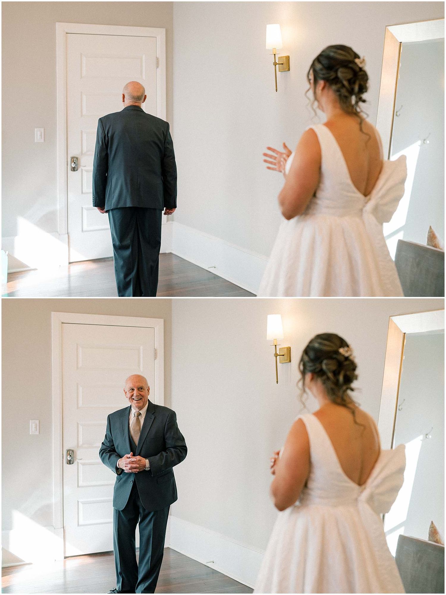A first look wedding moment sequence showing reactions in a bright indoor setting.