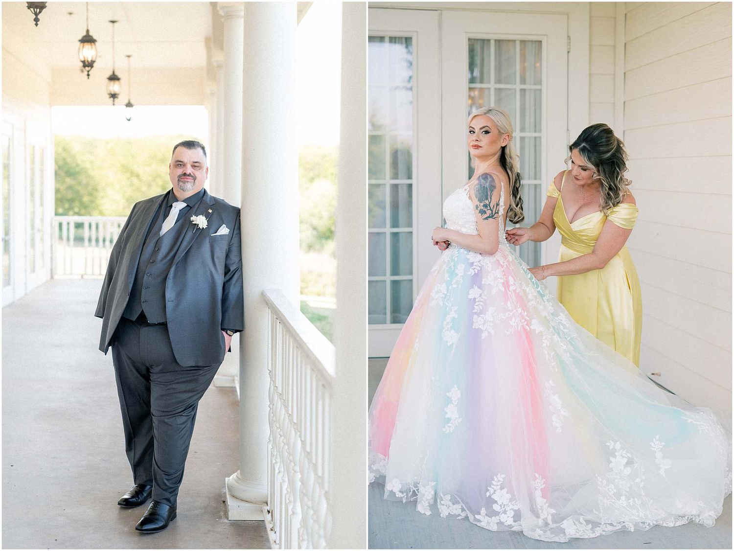 Wedding party members pose playfully in a bright white hallway with elegant decor.