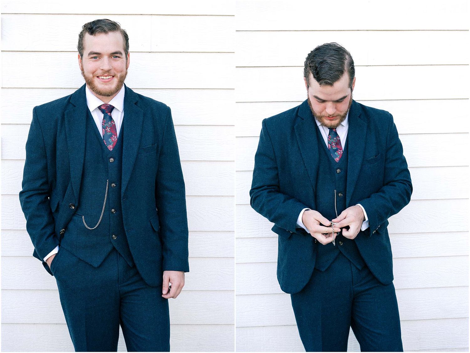 Groomsmen in dark suits stand against a white wall showing playful expressions.