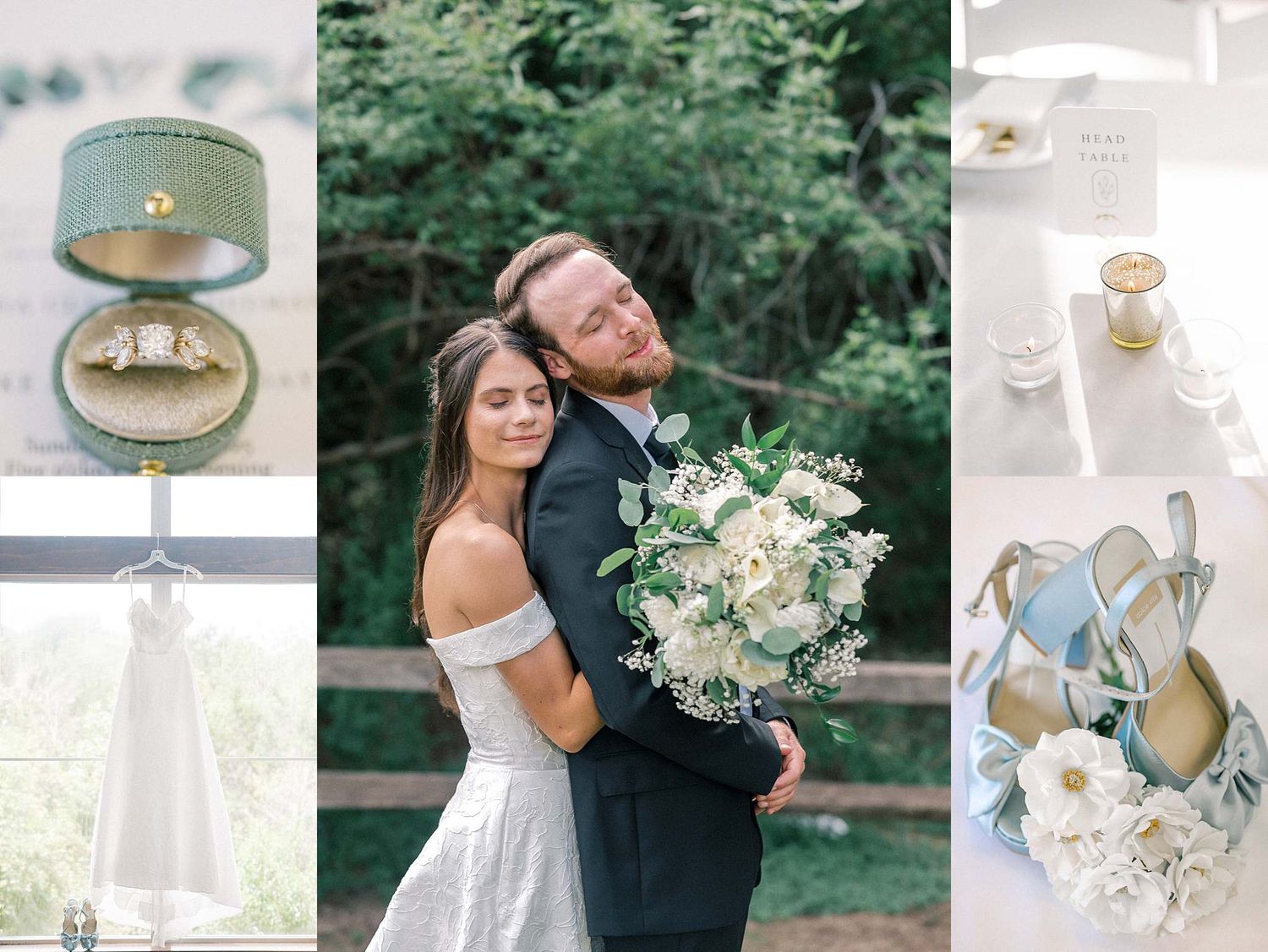 Wedding detail collage featuring rings, bridal shoes, dress, and a romantic couple's portrait.