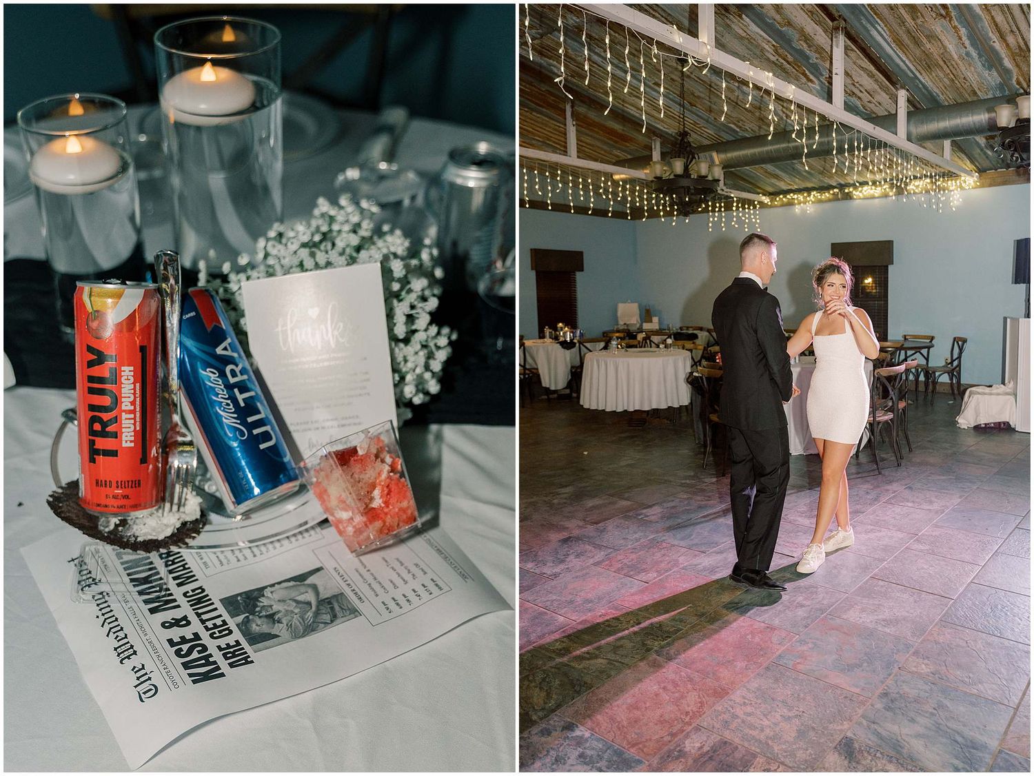 Reception venue decorated with ambient lighting and dance floor setup.