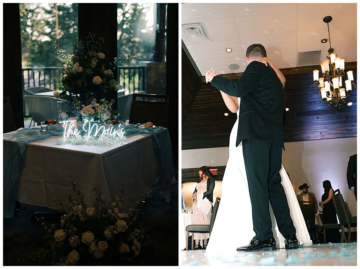 Wedding reception dance floor with dramatic lighting and hanging pendant lamps.