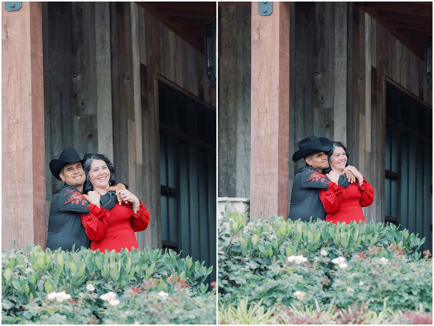 A series of photos showing a couple posing together against a dark backdrop.