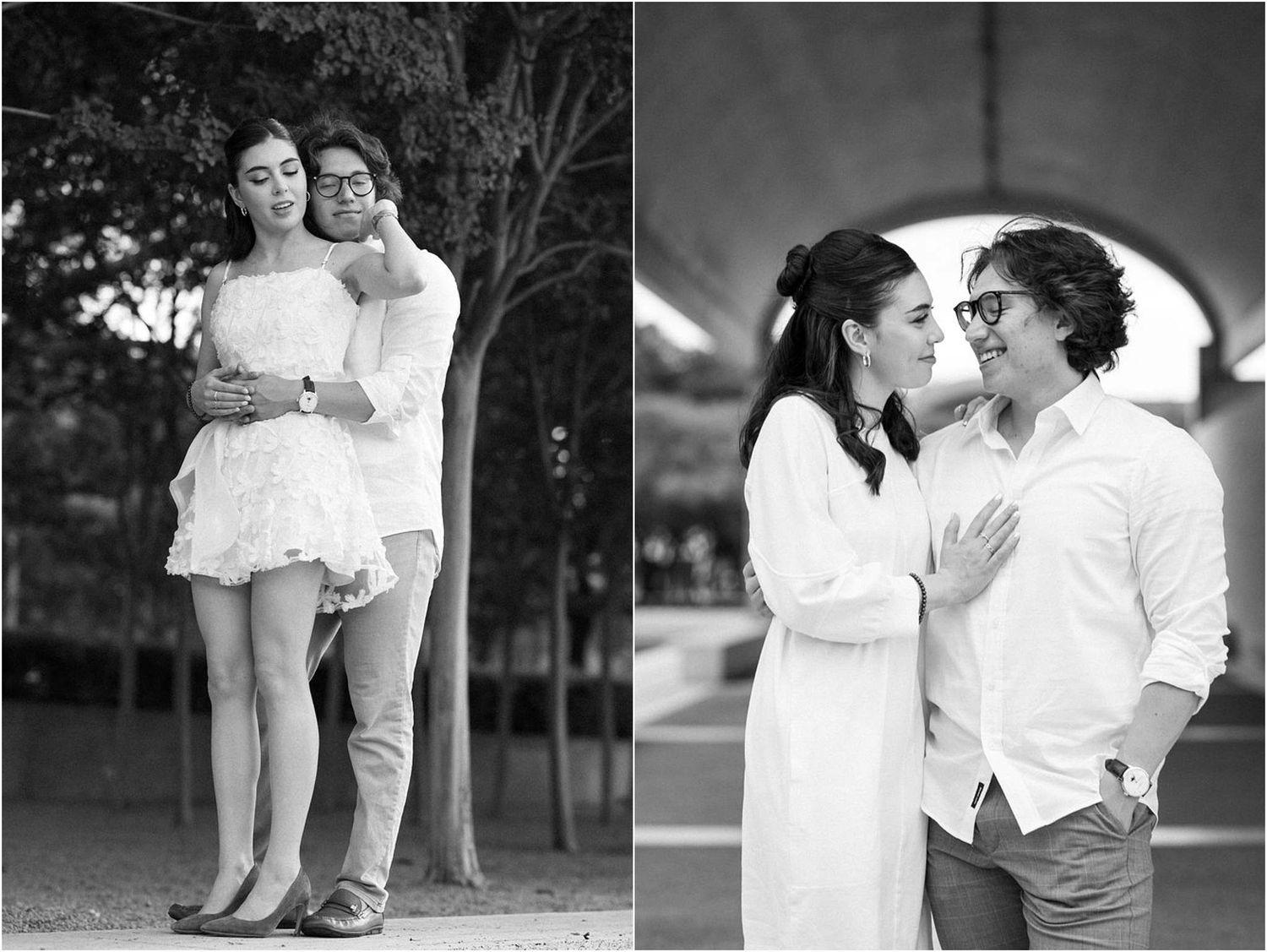 Black and white engagement photos showing romantic poses under urban architecture.